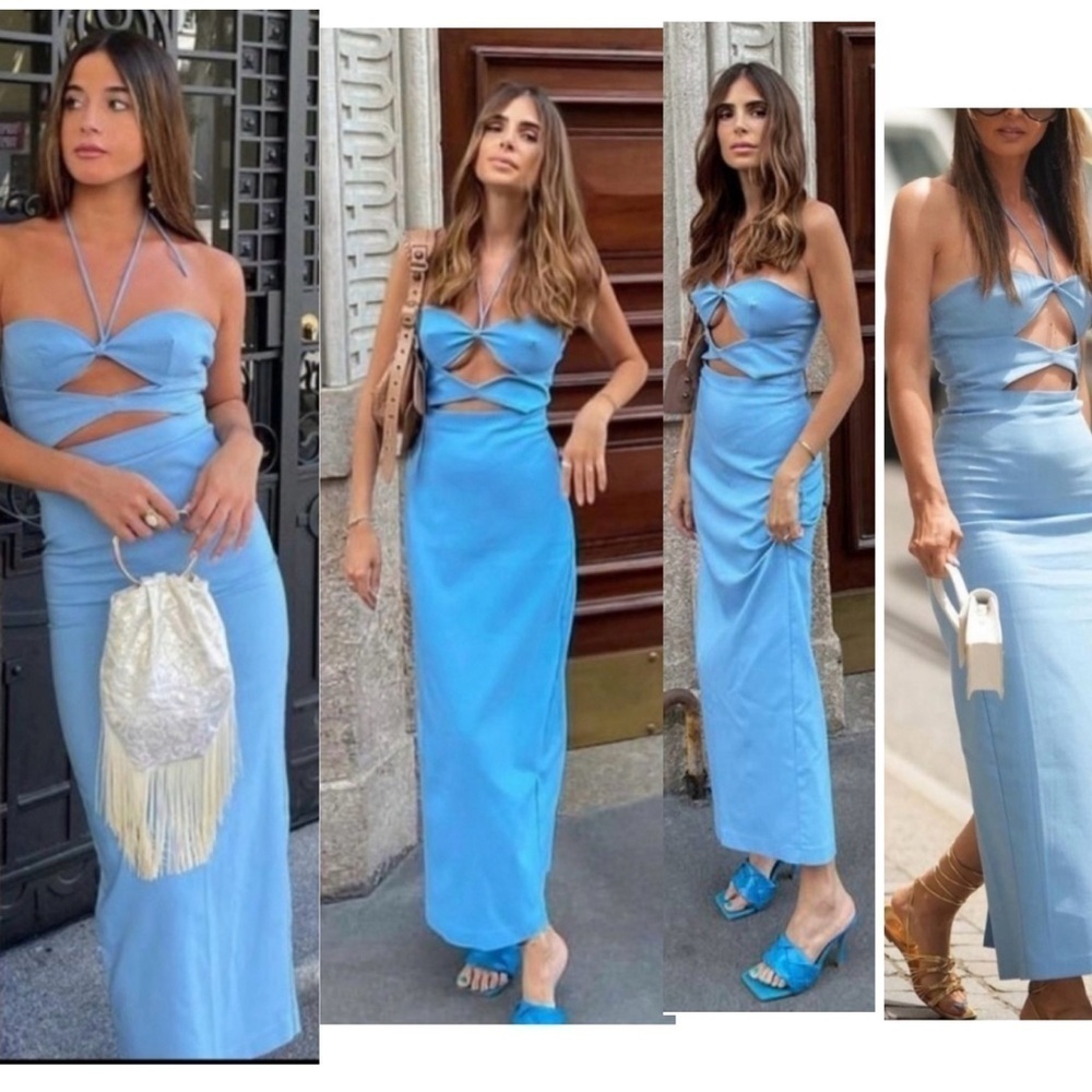 Zara blue cut-out halter top bodycon midi dress Sz L NWOT bloggers fave